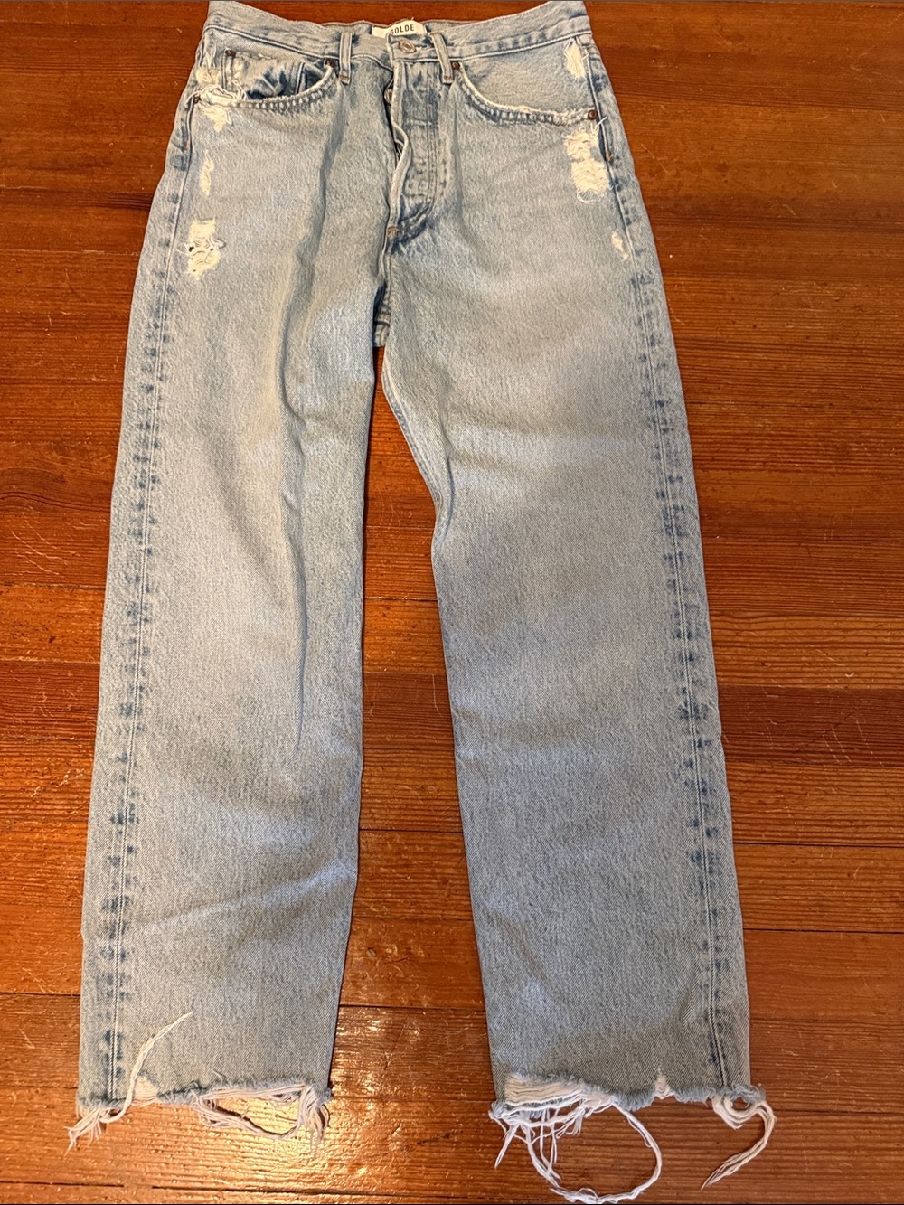 Agolde 90s Crop in Suspend Blue Organic Cotton Distressed Straight Jeans Size 25